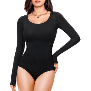 Nebility Long Sleeve Bodysuit for Women Tummy Control Crew Neck Body Suit Tops Slim Fit