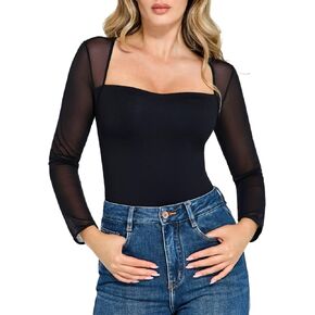 Popilush Long Sleeve Mesh Shapewear Bodysuit Women Square Neck Body Suits Going Out Tops Fall Concert Outfits