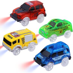 Tracks Cars Magic، 4PCS LED Light-up Track Car البديلة فقط، سيارات السباق المرنة تتوهج في الظلام مع 5 مصابيح LED وامضة متوافقة مع معظم مسارات سباق السيارات، هدايا لعبة مثالية للأطفال من 3 إلى 8 أطفال، أولاد وبنات