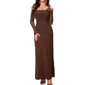Colysmo Long Sleeve Mesh Off Shoulder Bodycon Maxi Dress Party Formal Wedding Guest Fall Dresses for Women 2024
