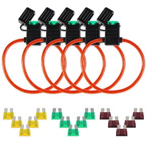 5 packs 10 Gauge Inline Fuse Holder, Water Resistant Automotive Blade Fuse Holder with 15 PCS Standard Fuses ATC/ATO (5 of Each 20A, 30A, 40A), Braiding Copper Conductor(OFC)