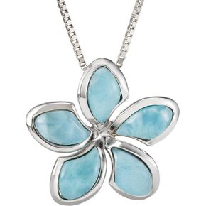 Sterling Silver Natural Larimar Plumeria Flower Necklace Pendant with 18"" Box Chain, Nickle Free Hypoallergenic for Sensitive Skin, Gift Box Included, blue