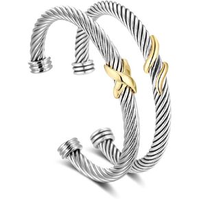 2 Pcs Cuff Bracelet for Women Cable Wire Bracelet - Two Tone Twisted Bangle Stainless Steel - Silver Cuff Knot Vintage Bracelets Jewelry Gifts