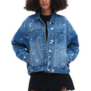 Ladyful Women's Oversized Jean Jacket Button Down Long Sleeve Distressed Denim Jacket Vintage Trucker Coat with Pockets