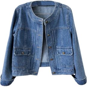 Women’s Collarless Long Sleeve Denim Jacket Round Neck Button Down Jean Jackets