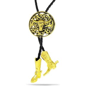 RechicGu Mens Longhorn Bolo Tie Western Cowboy Bola tie 3D Texas Boots Tips Wedding Jewelry Necklace Necktie Lariat Gold