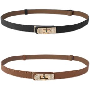 B-LT1 Women Thin Waist Belt for Dresses, Jeans, Coats, Sweater, Pants. Skinny Leather Belt with Adjustable Solid Color Alloy Turn-Lock Gold Buckle Inlaid Rhinestone Sparkle.