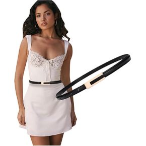 Skinny Leather Belt for Dress Black Brown Thin Leather Belts for Women Adjustable Leather Belt with Gold Buckle