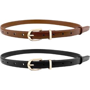 2 Pack Women's Belts Skinny Leather Waist Belt with Gold Buckle Fashion Ladies Thin Belt for Jeans Dresses Pants