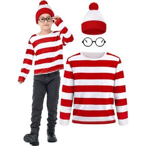 3 Pieces Kids Halloween Costume Set, Boys Costume Red and White Striped Shirt Beanie Hat Glasses for Cosplay Party