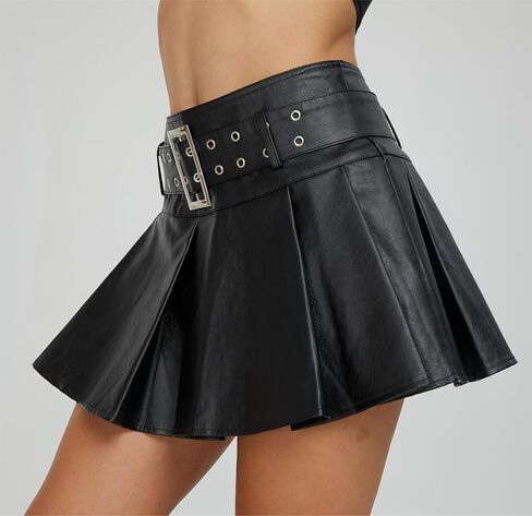 Y2K Mini Skirt Buckle Belted High Waisted Pleated Flare PU Faux Leather Short Goth Skirts for Women in Saudi Arabia