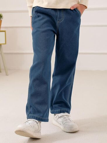Haloumoning Boys Jeans Drawstring Elastic Waist Demin Pants Winter Fleece Stretch Pants 4-14 Years in Kuwait