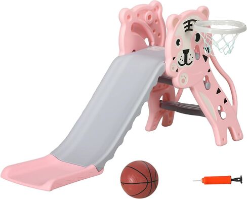 Qaba 2 in 1 Toddler Slide for Indoors, Toy for Toddler, Easy Set Up Baby Slide with Basketball Hoop for Kids 18-36 Months, Blue in Saudi Arabia