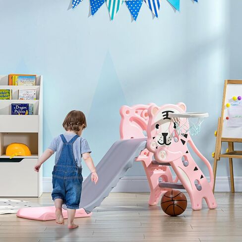 Qaba 2 in 1 Toddler Slide for Indoors, Toy for Toddler, Easy Set Up Baby Slide with Basketball Hoop for Kids 18-36 Months, Blue in Saudi Arabia
