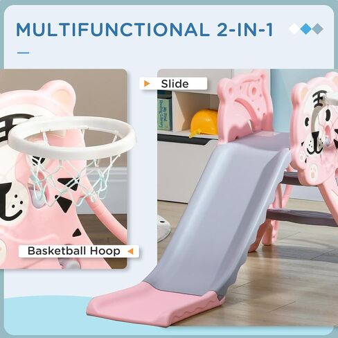 Qaba 2 in 1 Toddler Slide for Indoors, Toy for Toddler, Easy Set Up Baby Slide with Basketball Hoop for Kids 18-36 Months, Blue in Saudi Arabia