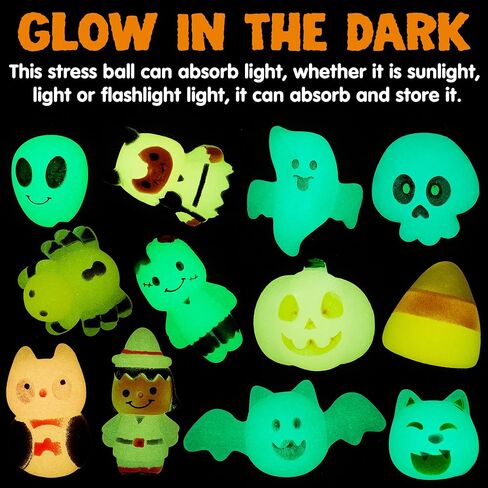 JOYIN 24 PCS Halloween Squishy Toy Mochi Toy, Glow in The Dark Design Stress Relief Mochi for Halloween Party Favor Decoration, Halloween Goody Bags Filler, Kids Birthday Gifts in Saudi Arabia