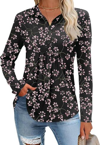 Romanstii Womens Long Sleeve Polo Shirts Pleated Collared Button-down Blouses Dressy Casual Fall Tunic Tops in Saudi Arabia