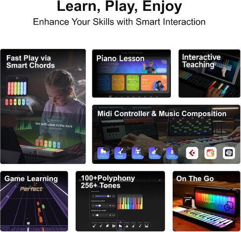 Smart Piano keyboard with Colored Light-up Keys, Smart Interactive Sing-Along with Chords, Free Lessons & Games, MIDI, Built-in Instrument Synth, Portable Bag for Outdoor in Kuwait