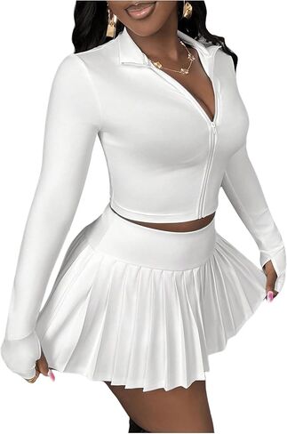 SOLY HUX Women's Skirt Sets 2 Piece Outfits Long Sleeve Crop Top with Pleated Mini Skirt Set Party Outfits for Women in Kuwait