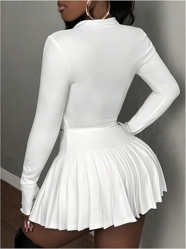 SOLY HUX Women's Skirt Sets 2 Piece Outfits Long Sleeve Crop Top with Pleated Mini Skirt Set Party Outfits for Women in Kuwait