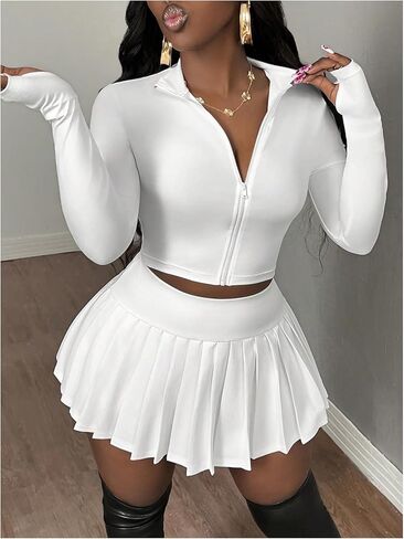 SOLY HUX Women's Skirt Sets 2 Piece Outfits Long Sleeve Crop Top with Pleated Mini Skirt Set Party Outfits for Women in Kuwait