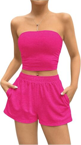 MakeMeChic Women's 2 Piece Outfits Strapless Cropped Bandeau Tube Top and Wide Leg High Waist Shorts Set in Saudi Arabia