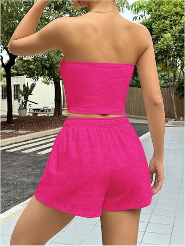 MakeMeChic Women's 2 Piece Outfits Strapless Cropped Bandeau Tube Top and Wide Leg High Waist Shorts Set in Saudi Arabia