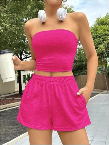 MakeMeChic Women's 2 Piece Outfits Strapless Cropped Bandeau Tube Top and Wide Leg High Waist Shorts Set in Saudi Arabia