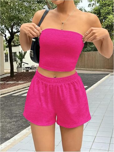 MakeMeChic Women's 2 Piece Outfits Strapless Cropped Bandeau Tube Top and Wide Leg High Waist Shorts Set in Saudi Arabia