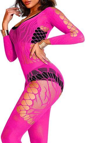 Sexy Fishnet Jumpsuit For Women, Sheer Mesh Hollow Out Striped Long Sleeve Bodysuit, Date Night Club Rave Outfits in Kuwait