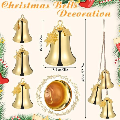 3-Piece Set of Large Christmas Bell Ornaments Christmas Tree Hanging Ornament Metal Indoor and Outdoor Gold Bells Best Wishes Bell Decorations with Rope Christmas Trees Snowflake Angels in Saudi Arabia