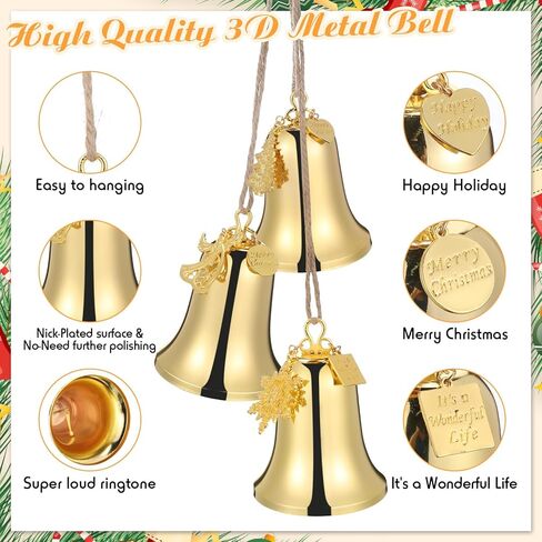 3-Piece Set of Large Christmas Bell Ornaments Christmas Tree Hanging Ornament Metal Indoor and Outdoor Gold Bells Best Wishes Bell Decorations with Rope Christmas Trees Snowflake Angels in Saudi Arabia