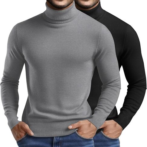 Riyiper 2 Pack Men's Turtleneck Sweater Slim Fit Knitted Basic Tops Lightweight Long Sleeve Ribbed Casual Pullover Top in Kuwait