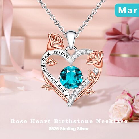 BAYLAY Rose Heart Birthstone Necklace for Women - S925 Sterling Silver Heart Birthstone Necklace Birthday Gifts for Women Valentines Day Christmas Jewelry Gifts for Wife Mom Grandma Daughter in Saudi Arabia