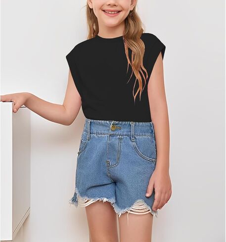 IZYJOY الفتيات الصيف تانك القمم بلون مخطط قمصان بلا أكمام الاطفال قبعة الأكمام Crewneck عادية المحملة 7-13 سنوات in Kuwait