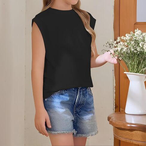 IZYJOY الفتيات الصيف تانك القمم بلون مخطط قمصان بلا أكمام الاطفال قبعة الأكمام Crewneck عادية المحملة 7-13 سنوات in Kuwait