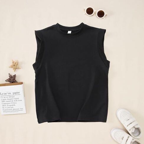 IZYJOY الفتيات الصيف تانك القمم بلون مخطط قمصان بلا أكمام الاطفال قبعة الأكمام Crewneck عادية المحملة 7-13 سنوات in Kuwait