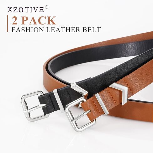 XZQTIVE 2 حزمة من الأحزمة الجلدية النسائية الضيقة لفستان الجينز والسراويل وحزام الخصر الرفيع مع مشبك ذهبي in Saudi Arabia