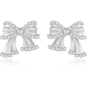 Hypoallergenic Bow Earrings for Women Trendy: 925 Sterling Silver Pearl Earrings White Gold/Gold Cubic Zirconia Earrings Studs for Sensitive Ears Christmas Jewelry