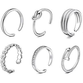 6PCS Silver Toe Rings for Women, Non Tarnish Adjustable Open Toe Rings, 6 Styles Toes Ring Set for Summer Women Foot Jewelry