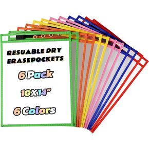 6 Packs Dry Erase Pockets Reusable Sleeves- Heavy Duty Oversized 10" x 14" Clear Plastic Sheet Protectors - Job Ticket Holders Assorted Colors - Teacher Supplies for Classroom