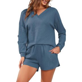 Lrady Women's 2 Piece Outfits Lounge Sets Long Sleeve Tops and Shorts Matching Set Shorts Set Waffle Knit Pajama Sets