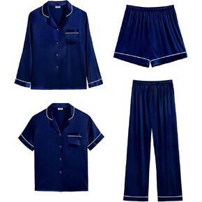 SWOMOG Womens Silk Satin Pajamas Sets 4PCS Long Sleeve Sleepwear Button Down Pjs Sets 3PCS Lounge Set Pants & Shorts