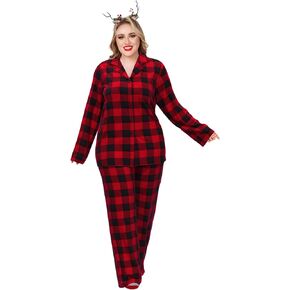 Women's Pajama Sets Plus Size Buffalo Plaid Warm Long Sleeve 2 Piece Sleepwear Button Pjs Lounge Set