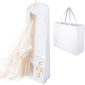 2 Pcs 70" Wedding Dress Garment Bag with 10'' Gusseted Dress Bags & Bride Tote Bag, 3 Pockets Garment Bag for Wedding Dress, Gown Garment Bag for Long Dresses, Prom Gown Bags, White (2)