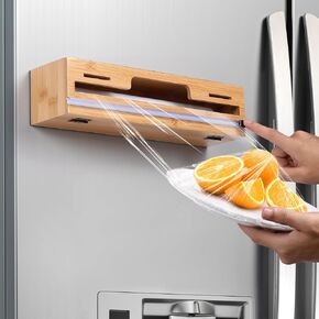 Allinside Magnetic Plastic Wrap Dispenser with Cutter, 3 in 1 Refrigerator Bamboo Wood Organizer for Tin Foil, Baking Paper, Wax Paper Holder Kitchen Storage Box Compatible with 12.9" Roll (3 Tier)