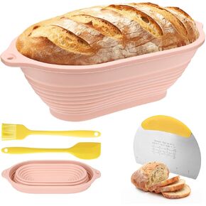 Silicone Bread Proofing Basket Set - 11 inch Oval Bread Proofing Baskets for Sourdough with Dough Scraper & Brush & Spatula, Sourdough Bread Baking Supplies for Kitchen Bakers Bread Making (Beige)