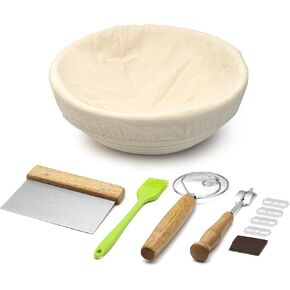 Banneton Bread Proofing Basket, 9 inch Round Sourdough Starter Kit for Baking Fermentation, Bread Making Supplies Tools Set, Sourdough Bread Baking Supplies Accessories, Rattan Basket Gift Set