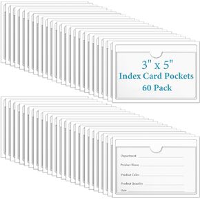 60 Pack 4" x 6" Index Card Pockets with Top Open Self-Adhesive Index Card Holders Clear Plastic Labels Holders for Storage Bins, Organizing