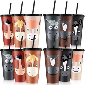 Mifoci Horse Party Favors Horse Cups with Lid Straw 24 oz Plastic Drink Cups Bulk Reusable Horse Tumblers for Horse Theme Party Supplies Christmas Thanksgiving Birthday Gifts(12 Pack)